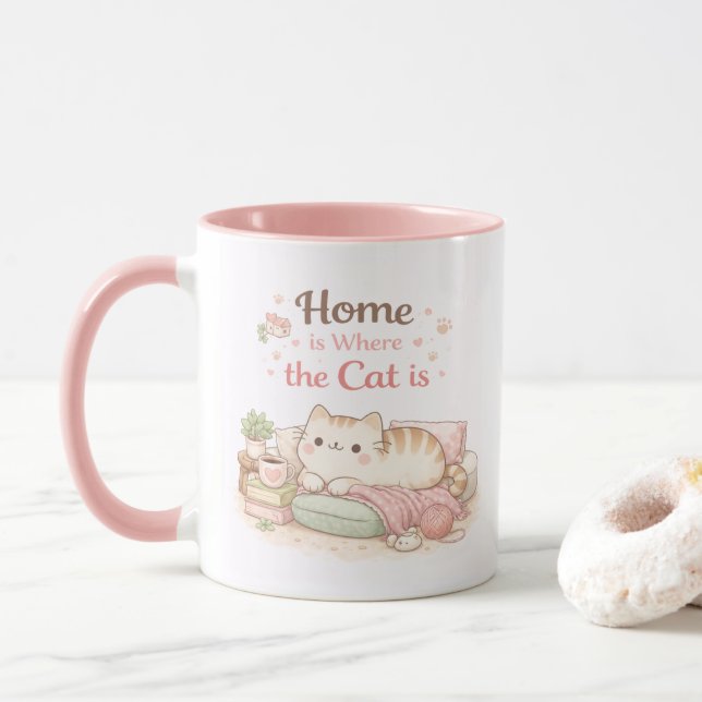 Mug Home is Where The Cat Is Cute Kitty Coffee Pink (Avec donut)