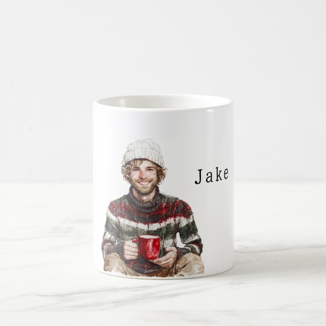 Mug Homme d'hiver avec barbe chapeau blanc (Centre)