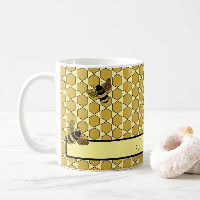 MUG HONEYCOMB JAUNE AUX ABEILLES NOIRES D'OR (Avec donut)