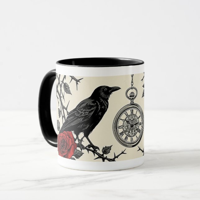 Mug Horloge et roses du corbeau gothique (Devant gauche)