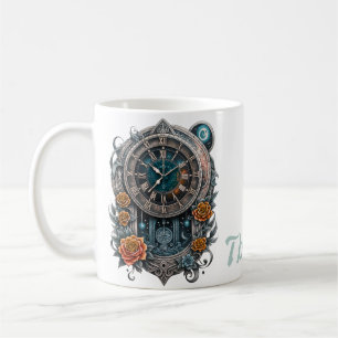 Mug Horloge Steampunk Ornate avec Roses.