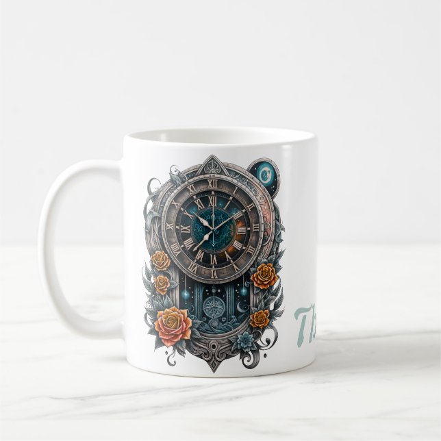 Mug Horloge Steampunk Ornate avec Roses. (Gauche)