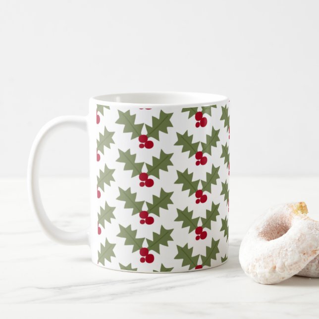 Mug Houx de Noël Baies Rouges Feuilles Vertes (Avec donut)