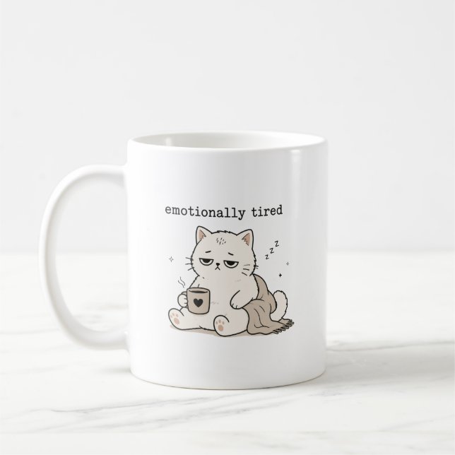 Mug Humour de chat mignon épuisé émotionnellement (Gauche)