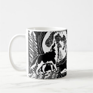 Mug Husky Howling noir et blanc à Night Linocut