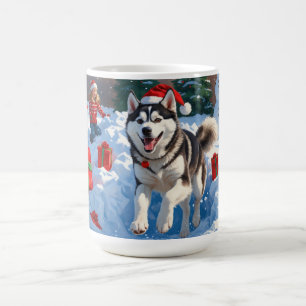 Mug Husky sibérien courant dans la neige avec un chape