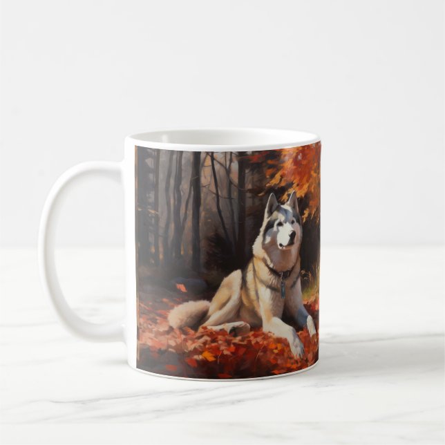 Mug Husky Sibérien dans les feuilles d'automne qui tom (Gauche)