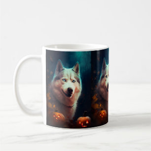 Mug Husky sibérien Halloween avec citrouilles effrayan
