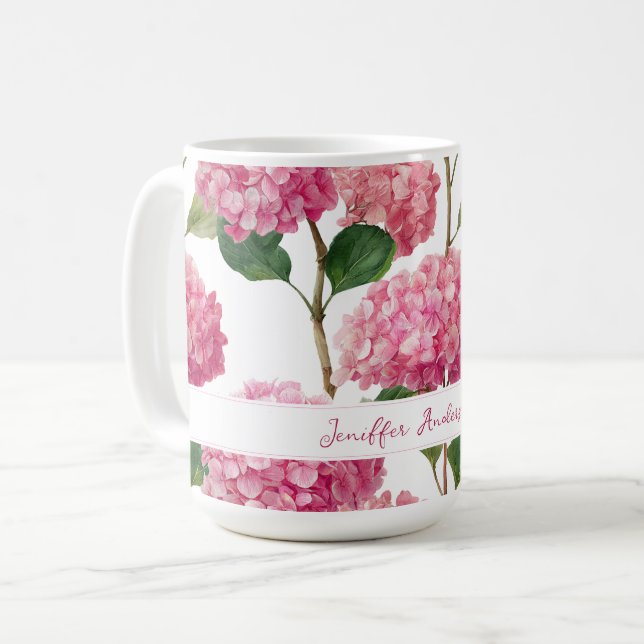 Mug Hydrangea Rose Floral avec Nom Personnalisé (Devant gauche)