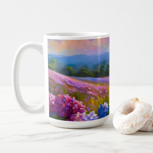 Mug Hydrangées dans une peinture en champ de fleurs (Avec donut)