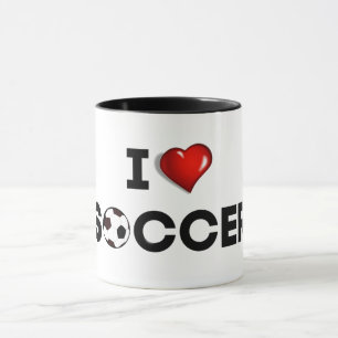 Mug I Love Soccer, texte noir avec coeur rouge