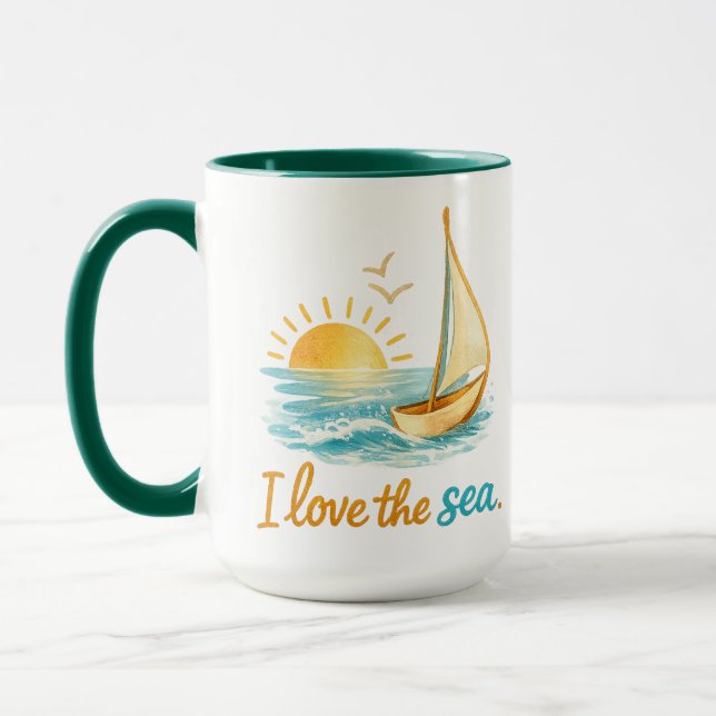Mug I Love the Sea Sailboat Sunset Ocean Illustration  (Gauche)