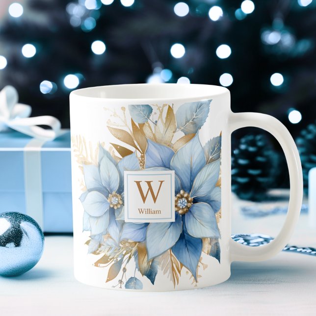 Mug Icy Blue Gold Poinsettia Noël MONOGRAMME (Icy Blue Gold Poinsettia Christmas MONOGRAM Coffee Mug)