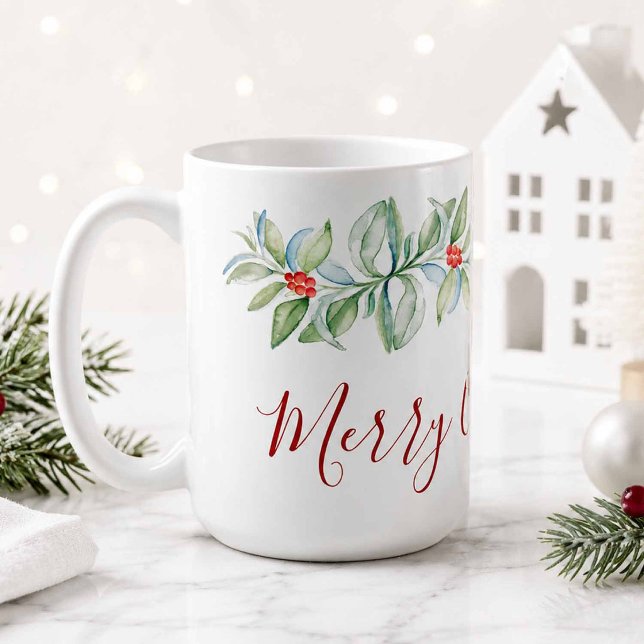 Mug Idées cadeaux de Noël pour elle (Christmas mug designed with hand painted watercolor berries and greenery by Victoria Grigaliunas)