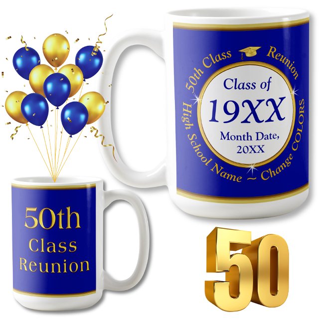 Mug Idées de réunion de classe personnalisées 50 ans, (Blue and Gold, 50th Class Reunion Souvenirs, Personalized, 50th high school reunion ideas. 50 year.)