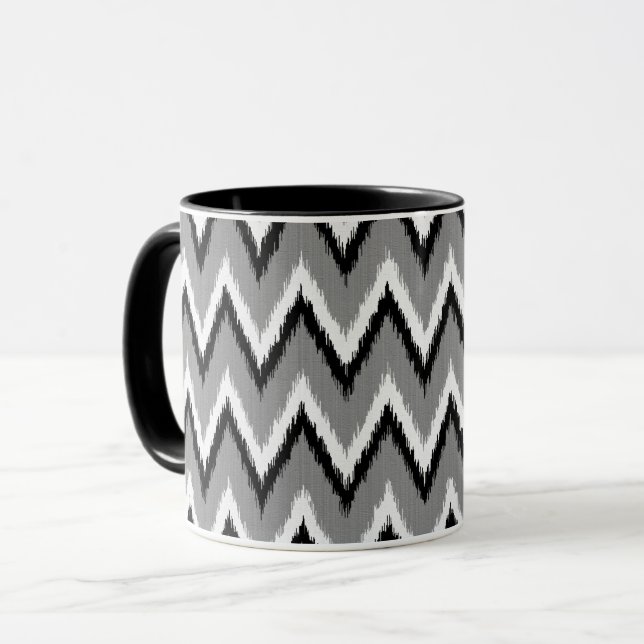 Mug Ikat Chevron Rayures - Gris, Noir & Blanc (Devant gauche)