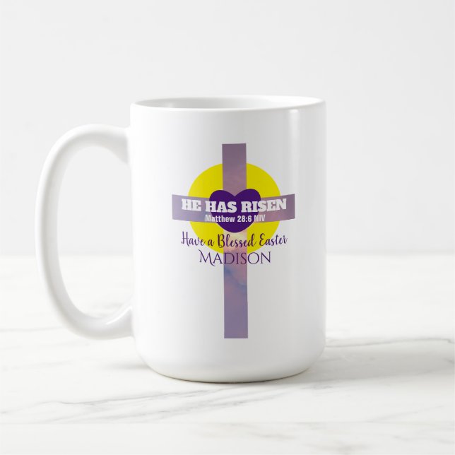 Mug Il A Augmenté Cross Bible Verse Pâques Nom Personn (Gauche)