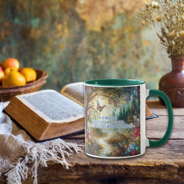 Mug Il Est Ressuscité Matthew Verse Verre Tiré Bois (Créateur téléchargé)