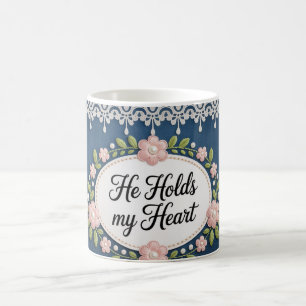 Mug « Il tient mon cœur » Élégant dentelle florale chr