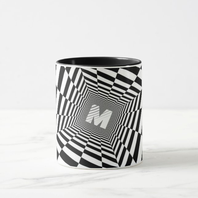 Mug Illusion optique noire et blanche, Monogramme blan (Centre)