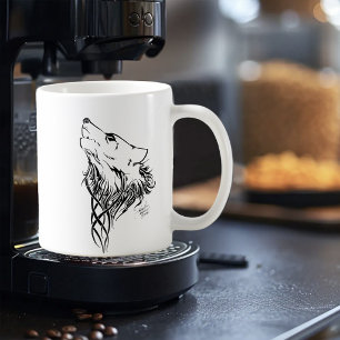 Mug Illustration à l'encre de loup noir tribal hurlant
