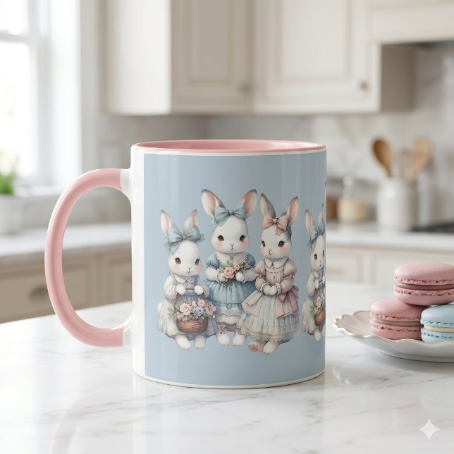 Mug Illustration aquarelle des sœurs lapines de la cha (Cottage Bunny Sisters Watercolor Illustration Mug)