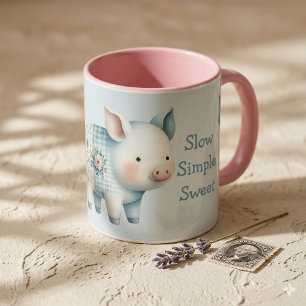 Mug Illustration Cottagecore de Cochon en Patchwork Bl