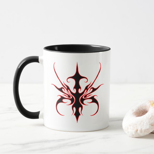 Mug Illustration d'art tribal noir et rouge intense à  (Avec donut)