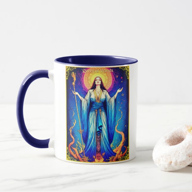 Mug Illustration de carte de tarot, Reine de Bâtons (Avec donut)