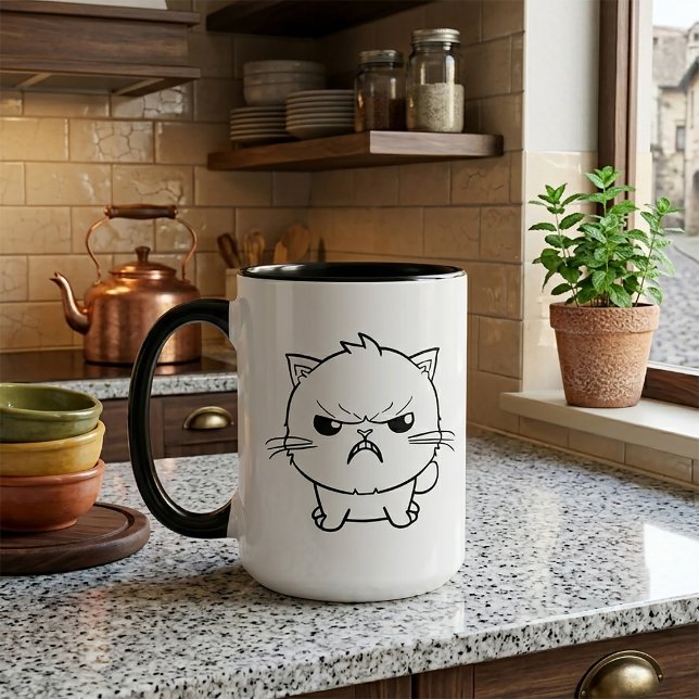 Mug Illustration de chat en colère et qui crache en li (Cute Angry hissing Cat Line Art Illustration. Mug)