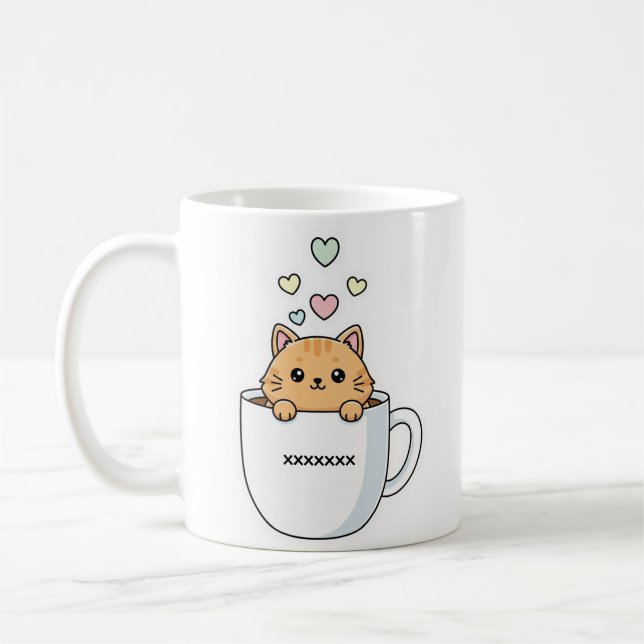 Mug Illustration de chat kawaii et cœurs de café (Gauche)