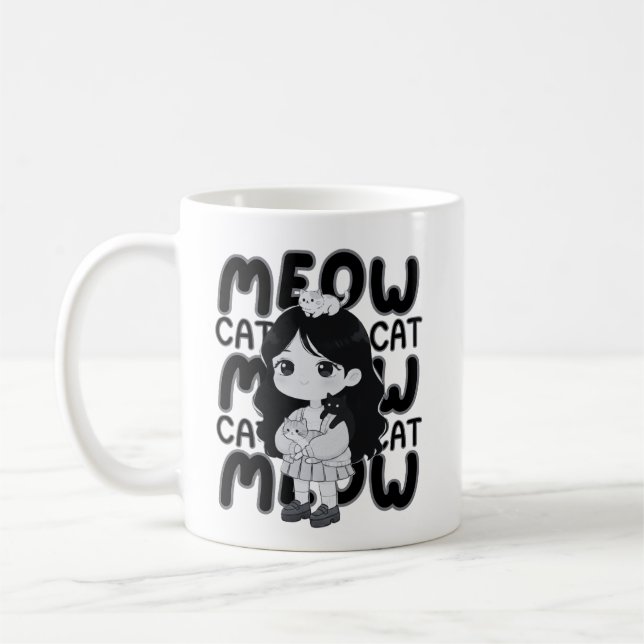 Mug Illustration de fille chibi amateur de chat Meow (Gauche)