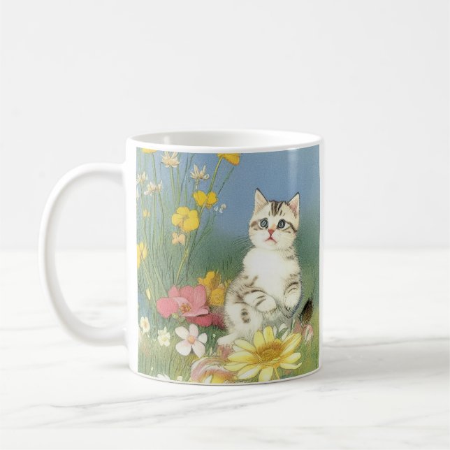 Mug Illustration de Kitten vintage avec Fleurs Jaunes (Gauche)