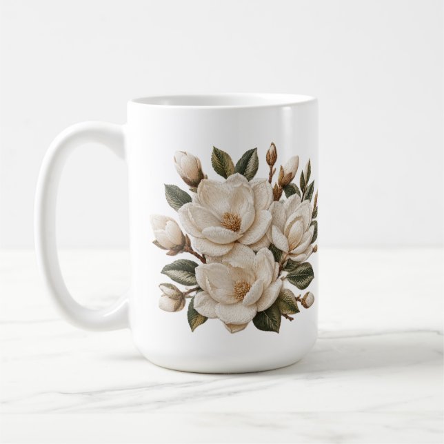 Mug Illustration de magnolia blanche brodée en faux 3D (Gauche)