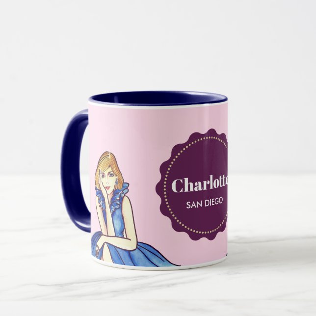 Mug Illustration de mode de robe de cocktail bleu roya (Devant gauche)
