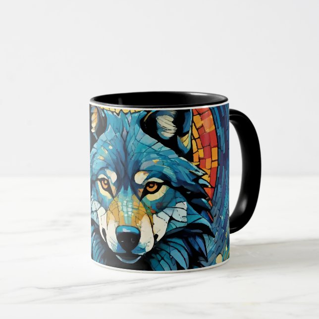 Mug Illustration de mosaïque colorée du loup majestueu (Devant droit)