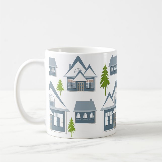 Mug illustration de Noël maisons d'hiver arbres gris b (Gauche)