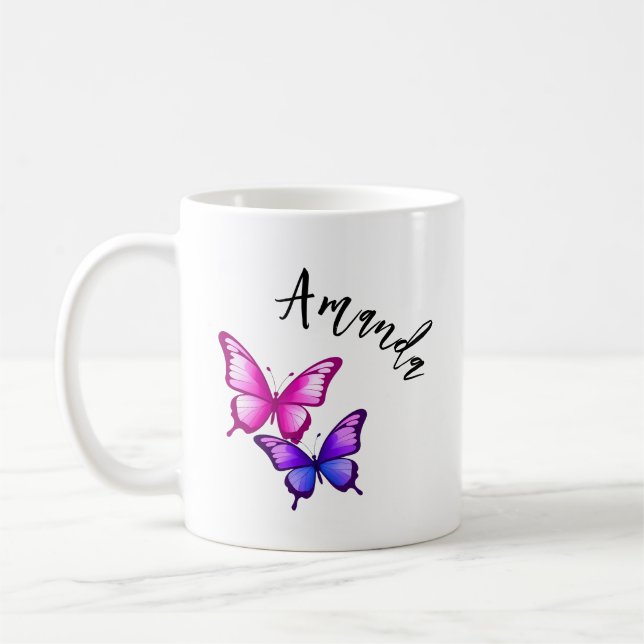 Mug Illustration de papillon rose et violet avec nom (Gauche)