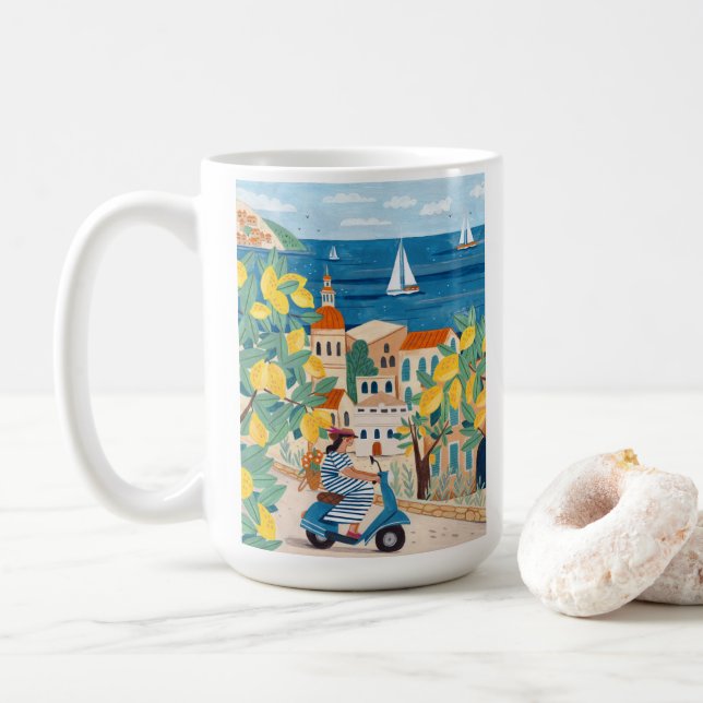 Mug Illustration de scooter de femme méditerranéenne C (Avec donut)