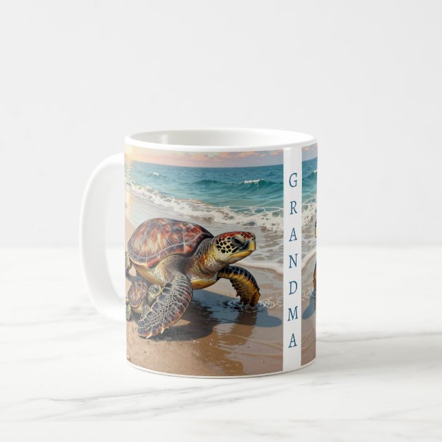 Mug Illustration de Tortue de Mer et Bébé | Personnali (Devant gauche)