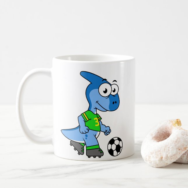 Mug Illustration D'Un Parasaurolophus Jouant Au Footba (Avec donut)
