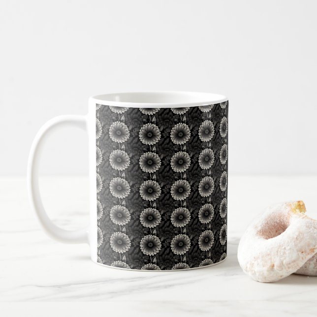 Mug Illustration florale noire et blanche complexe (Avec donut)