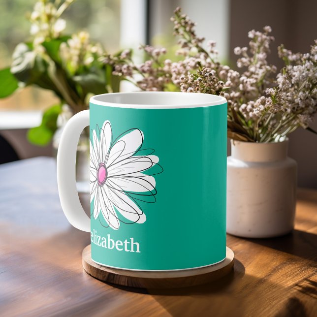 Mug Illustration florale tendance - rose et vert (Mug template with a place for a name - whimsical daisy)