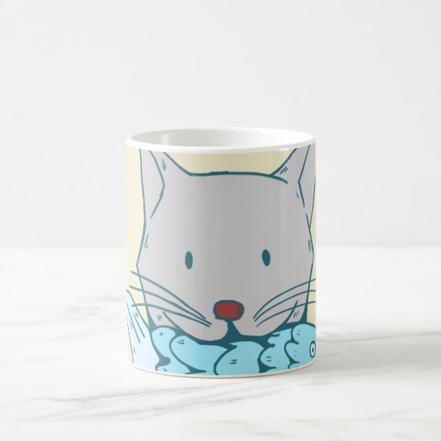Mug Illustration of a cat eating fish.  (Centre)