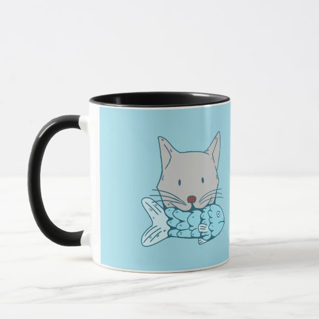 Mug Illustration of a cat eating fish.  (Gauche)