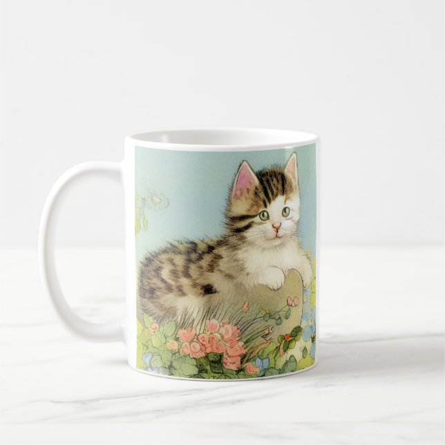 Mug Illustration vintage de chat avec fleurs roses (Gauche)