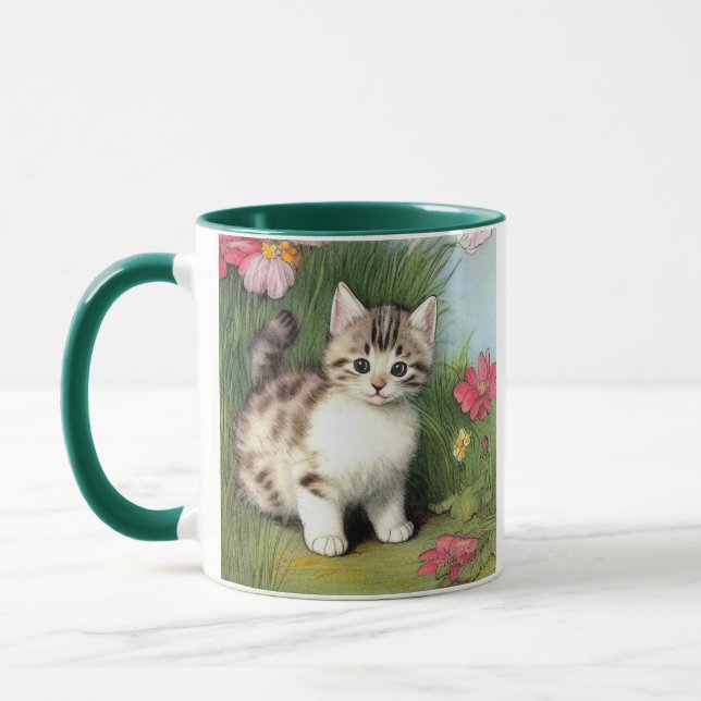 Mug Illustration vintage de chat avec Fleurs rouges (Gauche)