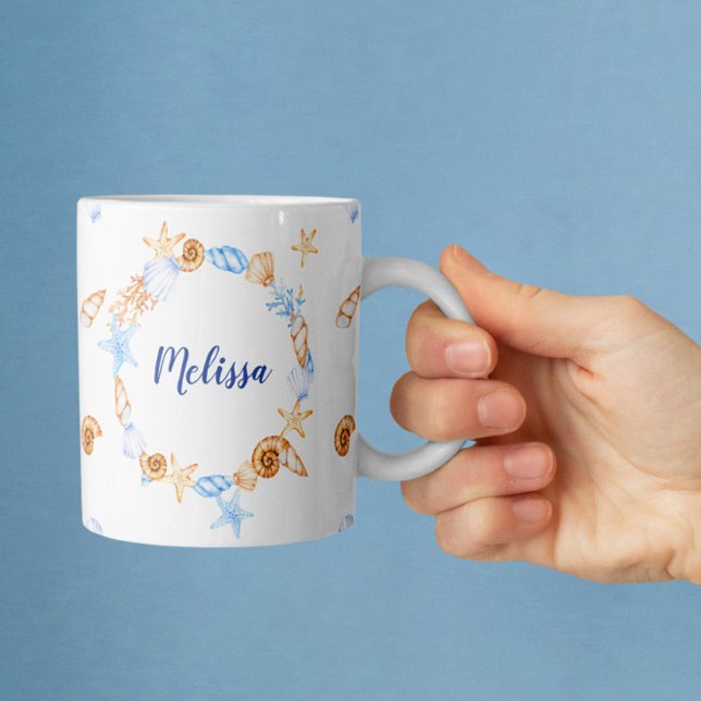 Mug Illustrations de plage nautique Monogramme personn (Créateur téléchargé)