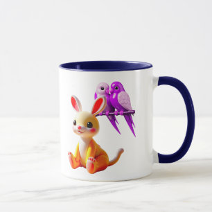 Mug Image mignonne avec un lapin et oiseaux colorés.