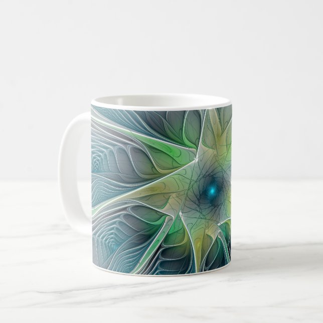 Mug Imaginaire fleuri Moderne Bleu Vert Fractal Fleur (Devant gauche)